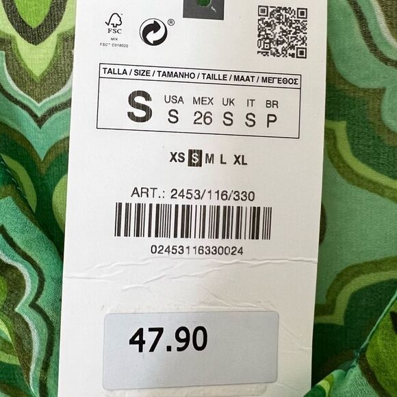 Zara Sheer Green Printed Geo 70’s Retro Hippiecore Bell Sleeve Top New Size S - Picture 12 of 14